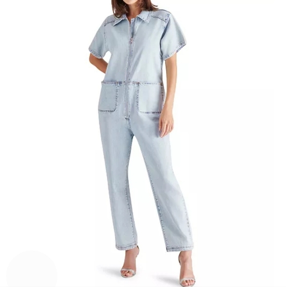 Steve Madden Jumpsuit L Light Blue Denim Eira Jean Relaxed Fit Front Zip New$130 - Picture 10 of 16